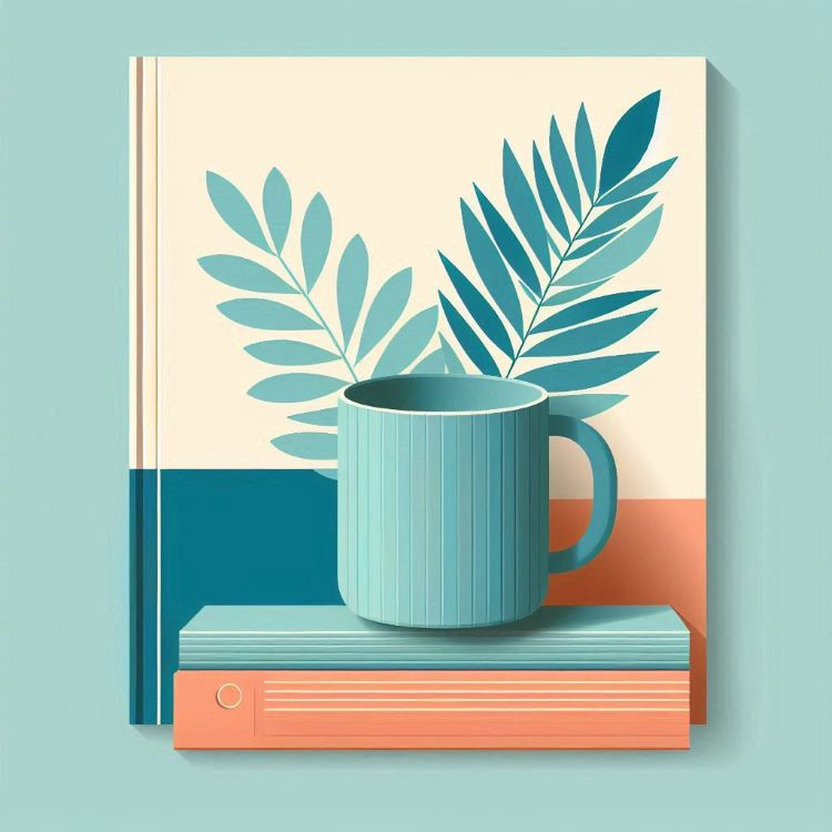 Minimalist illustration of a mug, notebooks representing sustainable home goods in Vegetizer collection