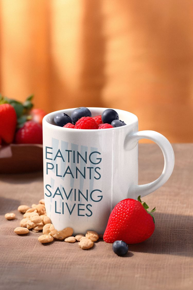 Glossy mug with "Eating Plants, Saving Lives" slogan for plant-based advocacy