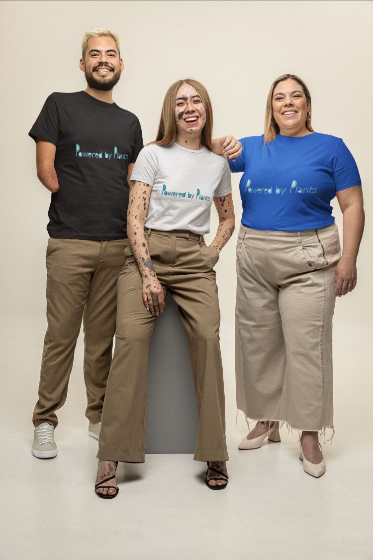 Classic cotton tee with 'Powered by Plants' slogan promoting a plant-based lifestyle