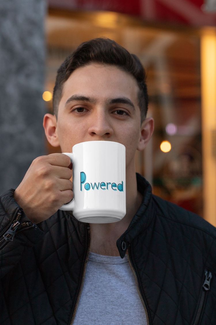 Glossy mug with "Powered by Plants" slogan print