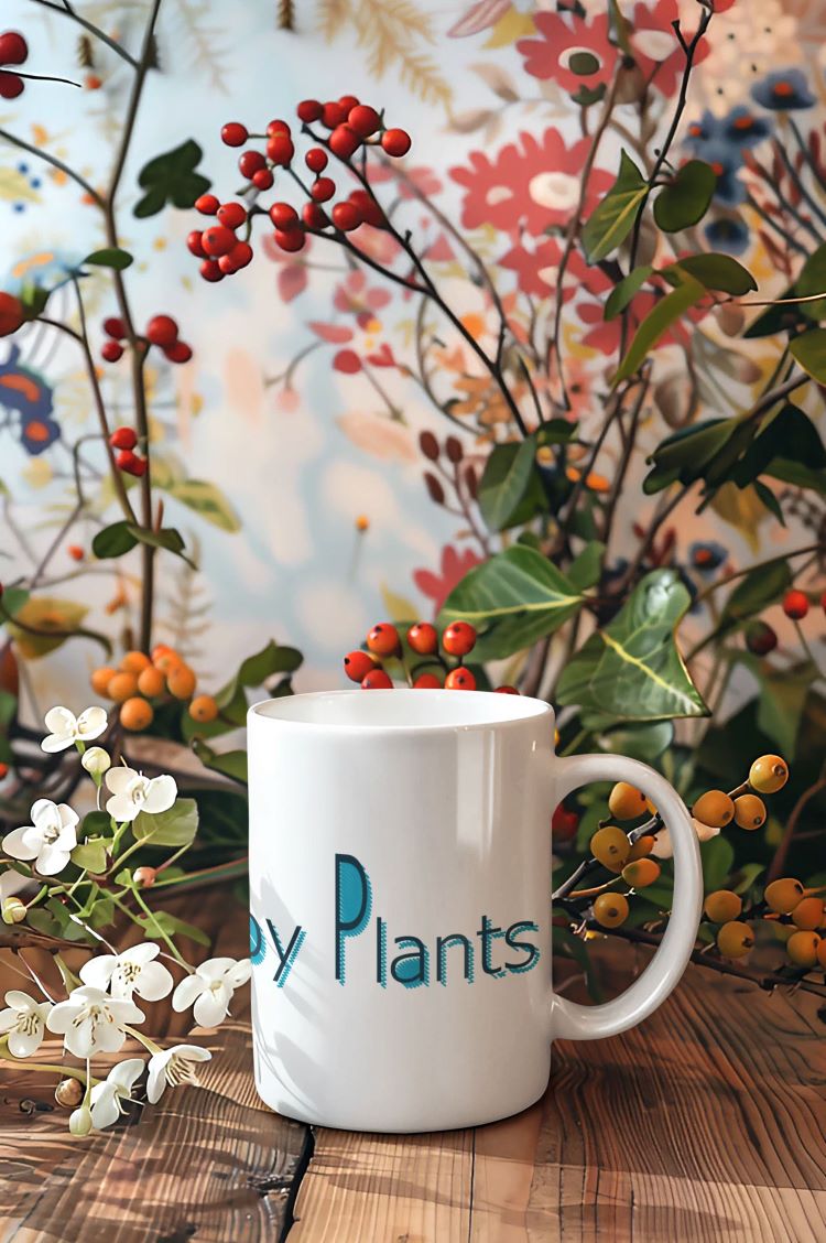 Glossy mug with "Powered by Plants" slogan print