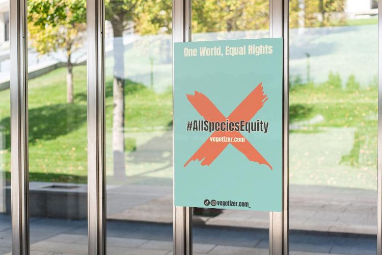 Vegetizer poster promoting the All Species Equity campaign, featuring campaign symbol, hashtag #AllSpeciesEquity, slogan 'One World, Equal Rights,' and website address 'vegetizer.com.' Museum-quality print on thick matte paper