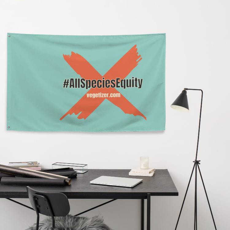 Vegetizer Flag supporting the #AllSpeciesEquity campaign, featuring campaign symbol and website 'vegetizer.com', promoting animal rights and equality for all species