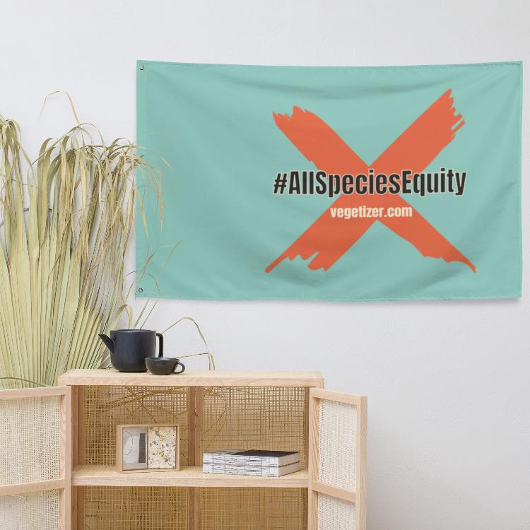 Vegetizer Flag supporting the #AllSpeciesEquity campaign, featuring campaign symbol and website 'vegetizer.com', promoting animal rights and equality for all species