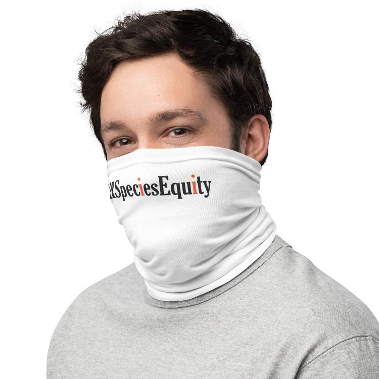 Neck gaiter featuring the #AllSpeciesEquity symbol for animal rights advocacy