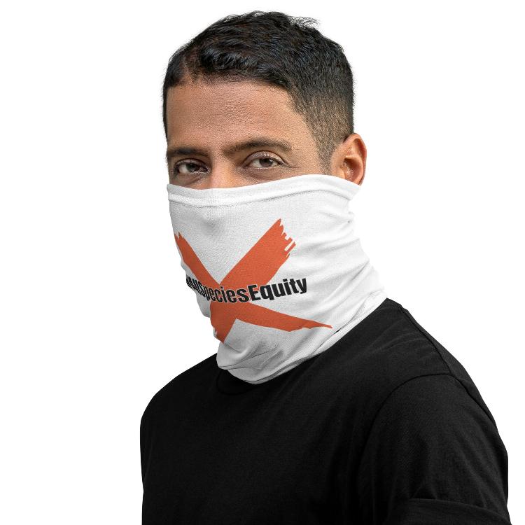 Vegetizer neck gaiter featuring #AllSpeciesEquity symbol for animal rights support