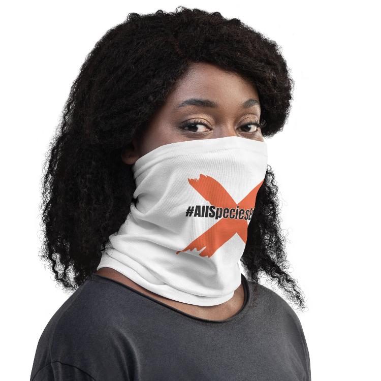 Vegetizer neck gaiter featuring #AllSpeciesEquity symbol for animal rights support