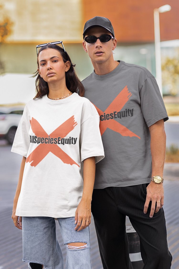 Organic cotton t-shirt with #AllSpeciesEquity campaign symbol and animal prints representing unity