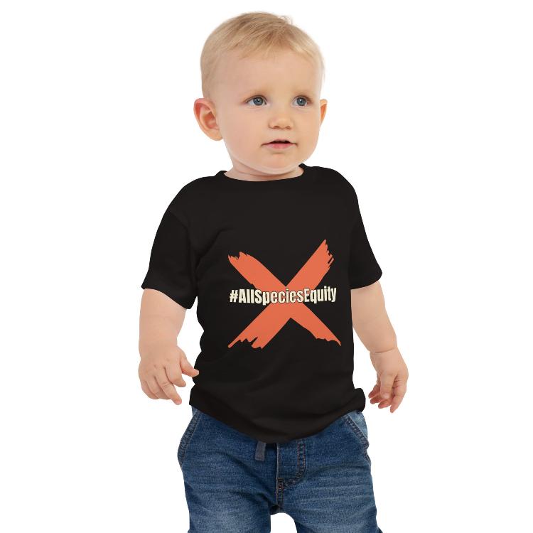 Baby t-shirt with All Species Equity campaign symbol, human foot and animal paw prints, soft cotton jersey, relaxed fit, eco-friendly, stylish and comfortable