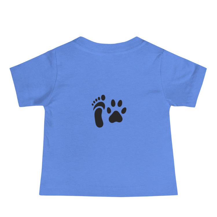 Baby jersey short sleeve tee featuring #AllSpeciesEquity campaign symbol, human foot and animal paw prints, 100% cotton fabric, relaxed fit, and ethical fashion design for animal rights