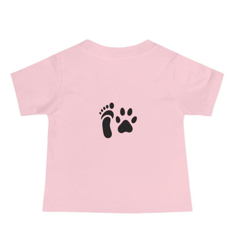 Baby jersey short sleeve tee featuring #AllSpeciesEquity campaign symbol, human foot and animal paw prints, 100% cotton fabric, relaxed fit, and ethical fashion design for animal rights