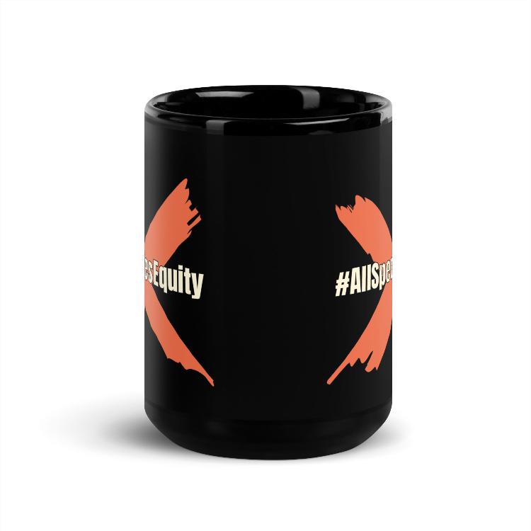 Black glossy mug with the slogan "#AllSpeciesEquity" promoting animal rights