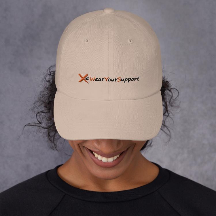 Dad hat with #WearYourSupport embroidery and unity symbol on back