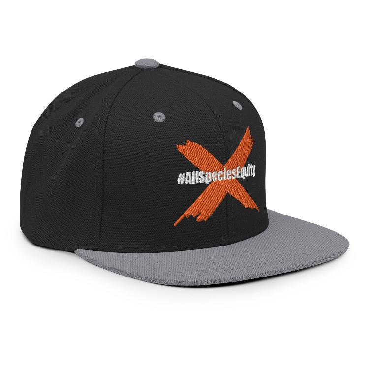 Snapback hat with #AllSpeciesEquity front embroidery, flat brim, and adjustable snap closure