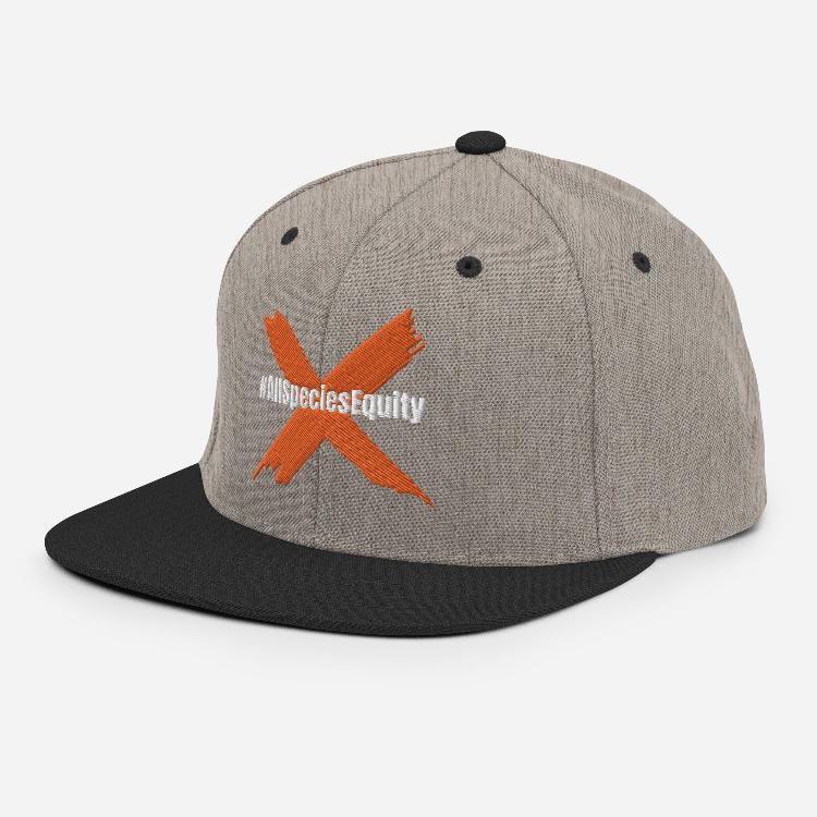 Snapback hat with #AllSpeciesEquity front embroidery, flat brim, and adjustable snap closure