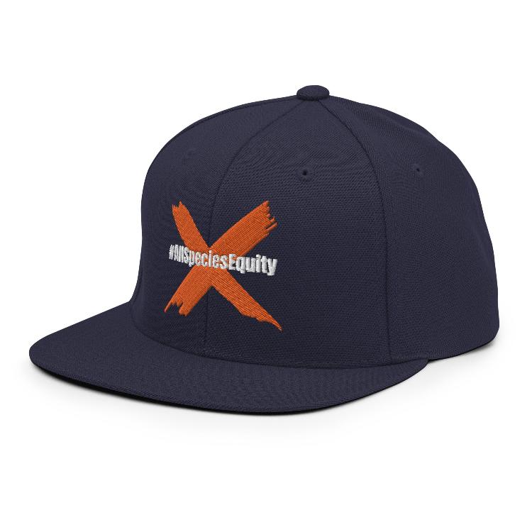 Snapback hat with #AllSpeciesEquity front embroidery, flat brim, and adjustable snap closure