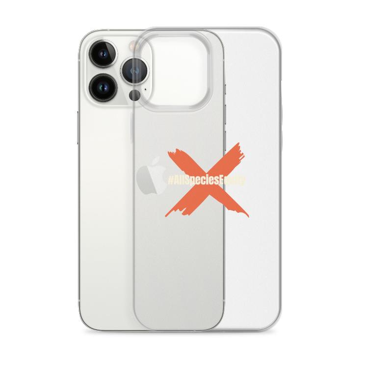 Clear iPhone case, All Species Equity, animal rights, species equality, flexible sides, polycarbonate back, scratch protection, wireless charging, ethical accessories