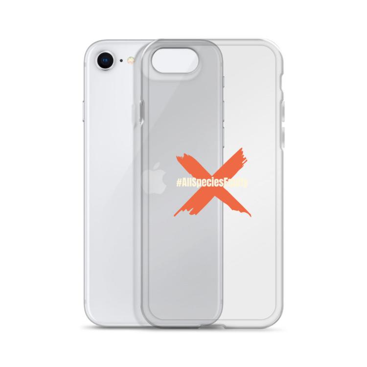 Clear iPhone case, All Species Equity, animal rights, species equality, flexible sides, polycarbonate back, scratch protection, wireless charging, ethical accessories