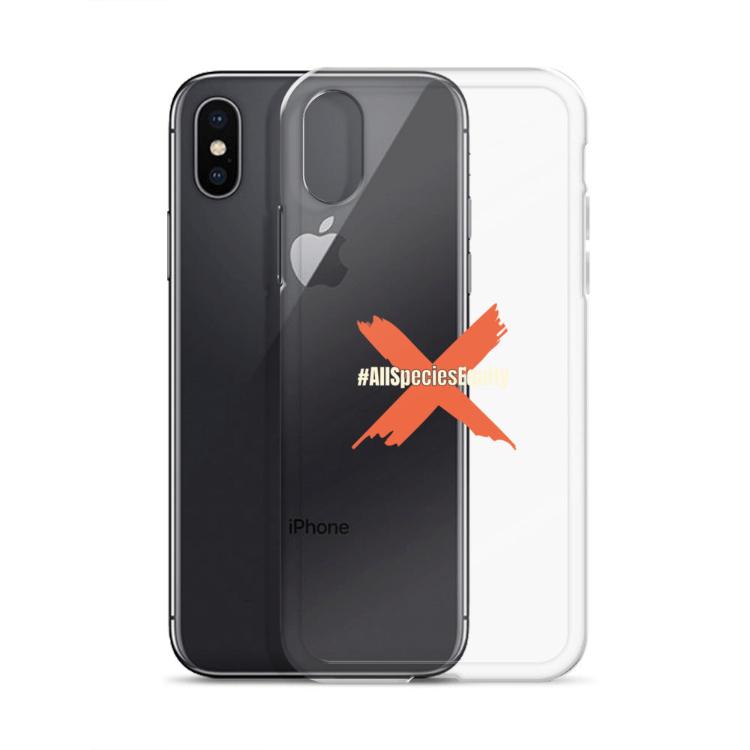 Clear iPhone case, All Species Equity, animal rights, species equality, flexible sides, polycarbonate back, scratch protection, wireless charging, ethical accessories