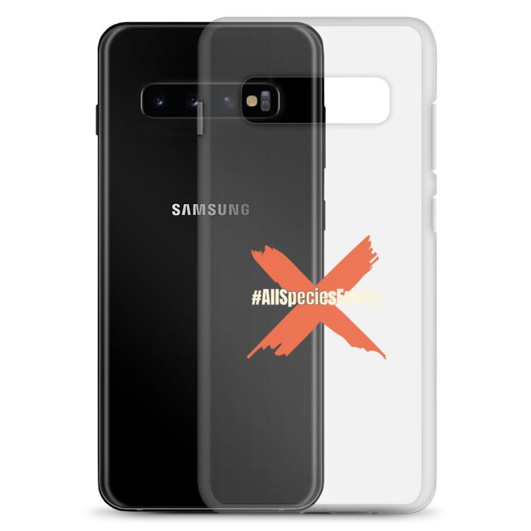 Clear case for Samsung featuring the All Species Equity campaign symbol and hashtag #AllSpeciesEquity, designed to protect against scratches and dirt while promoting animal rights and species equality