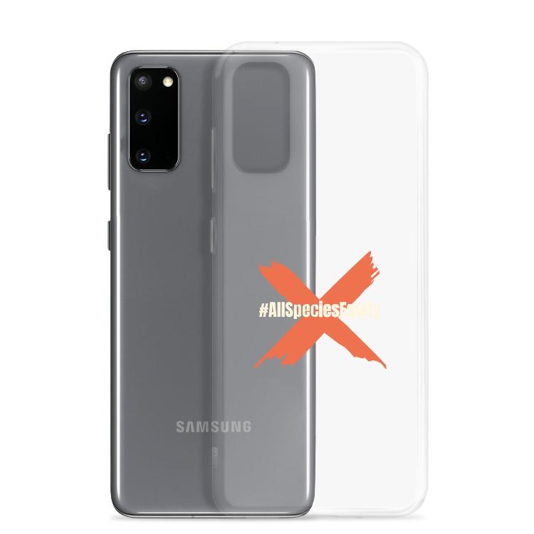 Clear case for Samsung featuring the All Species Equity campaign symbol and hashtag #AllSpeciesEquity, designed to protect against scratches and dirt while promoting animal rights and species equality