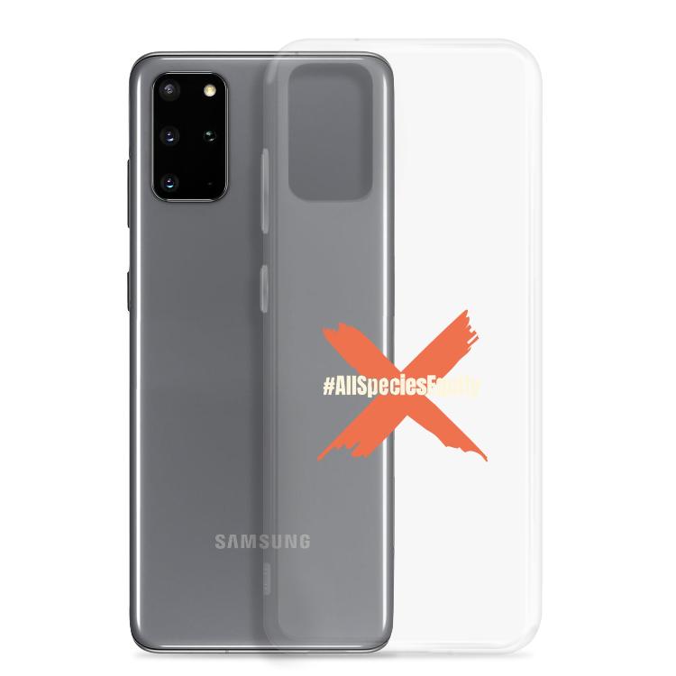 Clear case for Samsung featuring the All Species Equity campaign symbol and hashtag #AllSpeciesEquity, designed to protect against scratches and dirt while promoting animal rights and species equality