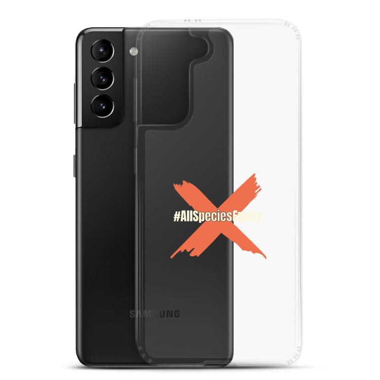 Clear case for Samsung featuring the All Species Equity campaign symbol and hashtag #AllSpeciesEquity, designed to protect against scratches and dirt while promoting animal rights and species equality