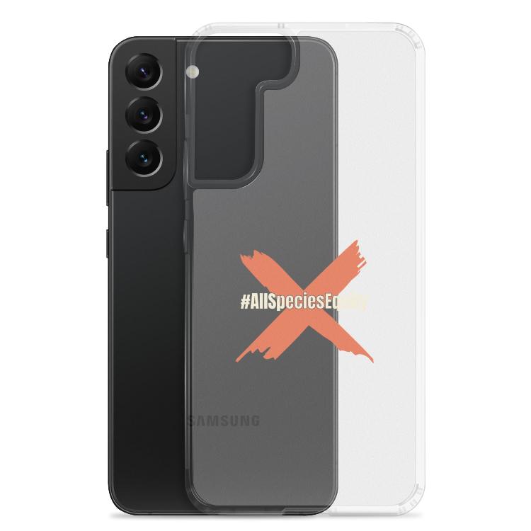 Clear case for Samsung featuring the All Species Equity campaign symbol and hashtag #AllSpeciesEquity, designed to protect against scratches and dirt while promoting animal rights and species equality