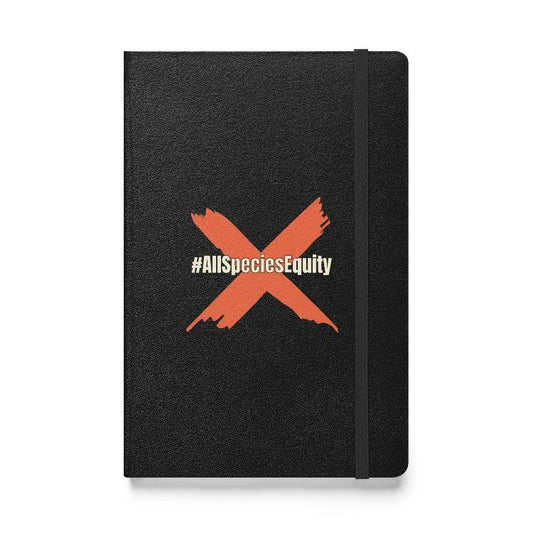 Vegetizer Hardcover Bound Notebook featuring campaign symbol and hashtag #AllSpeciesEquity, 80 lined cream-colored pages, elastic closure, ribbon marker, expandable inner pocket, eco-friendly design