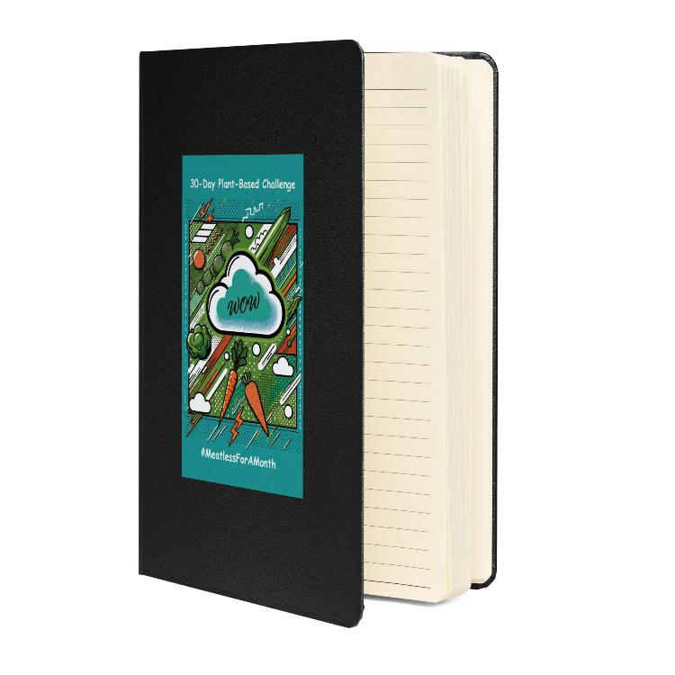 Eco-friendly notebook, vibrant pop art design, bright green, turquoise, orange vegetables, 30-Day Plant-Based Challenge, sustainable living, animal rights, cream-colored lined pages, elastic closure, ribbon marker