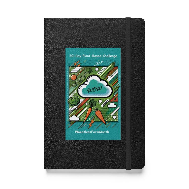 Eco-friendly notebook, vibrant pop art design, bright green, turquoise, orange vegetables, 30-Day Plant-Based Challenge, sustainable living, animal rights, cream-colored lined pages, elastic closure, ribbon marker