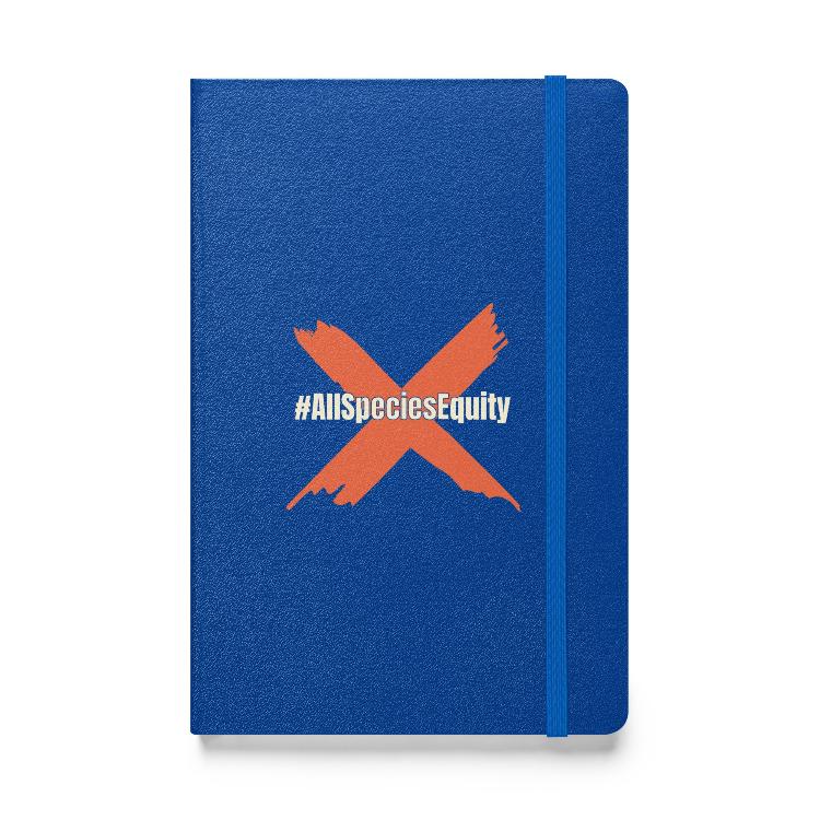 Vegetizer Hardcover Bound Notebook featuring campaign symbol and hashtag #AllSpeciesEquity, 80 lined cream-colored pages, elastic closure, ribbon marker, expandable inner pocket, eco-friendly design