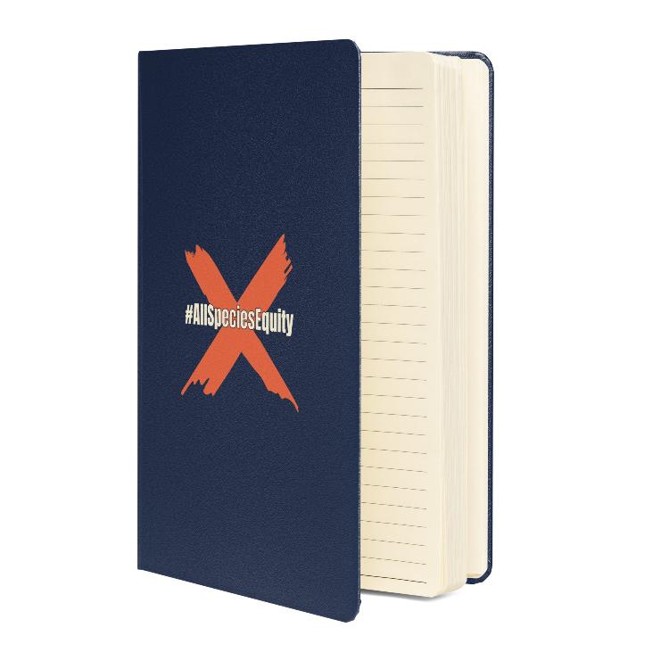 Vegetizer Hardcover Bound Notebook featuring campaign symbol and hashtag #AllSpeciesEquity, 80 lined cream-colored pages, elastic closure, ribbon marker, expandable inner pocket, eco-friendly design