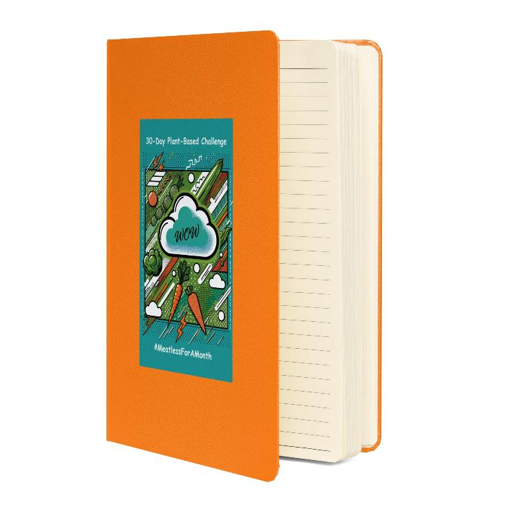 Eco-friendly notebook, vibrant pop art design, bright green, turquoise, orange vegetables, 30-Day Plant-Based Challenge, sustainable living, animal rights, cream-colored lined pages, elastic closure, ribbon marker