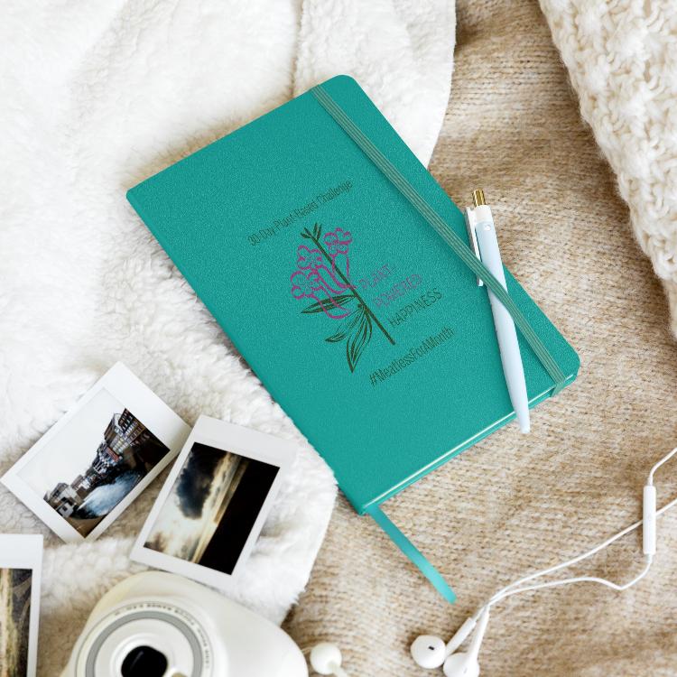 Vegetizer Hardcover Notebook with 'Plant-Powered Happiness' message, 80 lined cream-colored pages, elastic closure, ribbon marker, expandable inner pocket, eco-friendly design, promoting plant-based lifestyle