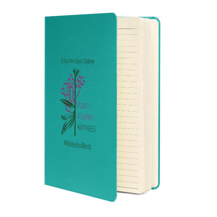 Vegetizer Hardcover Notebook with 'Plant-Powered Happiness' message, 80 lined cream-colored pages, elastic closure, ribbon marker, expandable inner pocket, eco-friendly design, promoting plant-based lifestyle