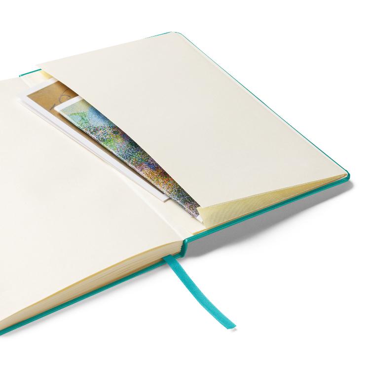 Vegetizer Hardcover Notebook with 'Plant-Powered Happiness' message, 80 lined cream-colored pages, elastic closure, ribbon marker, expandable inner pocket, eco-friendly design, promoting plant-based lifestyle