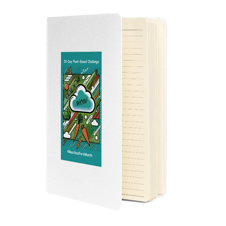 Eco-friendly notebook, vibrant pop art design, bright green, turquoise, orange vegetables, 30-Day Plant-Based Challenge, sustainable living, animal rights, cream-colored lined pages, elastic closure, ribbon marker