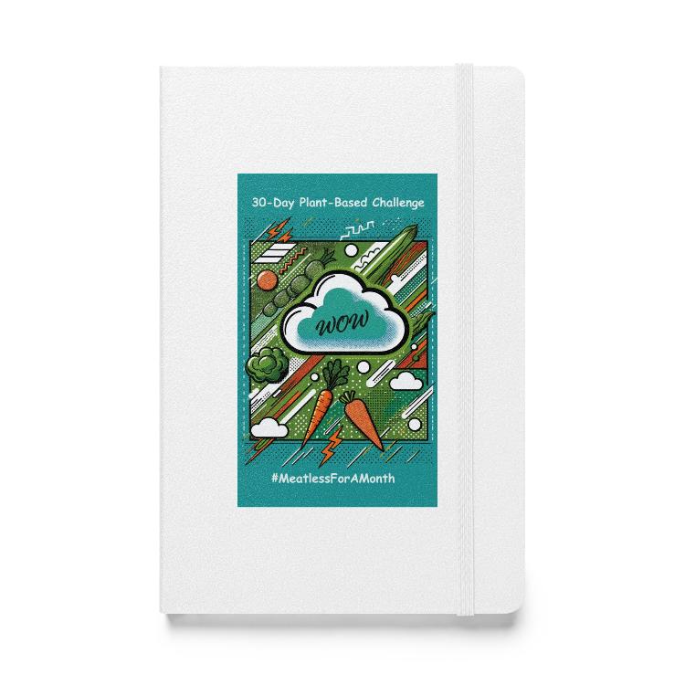 Eco-friendly notebook, vibrant pop art design, bright green, turquoise, orange vegetables, 30-Day Plant-Based Challenge, sustainable living, animal rights, cream-colored lined pages, elastic closure, ribbon marker