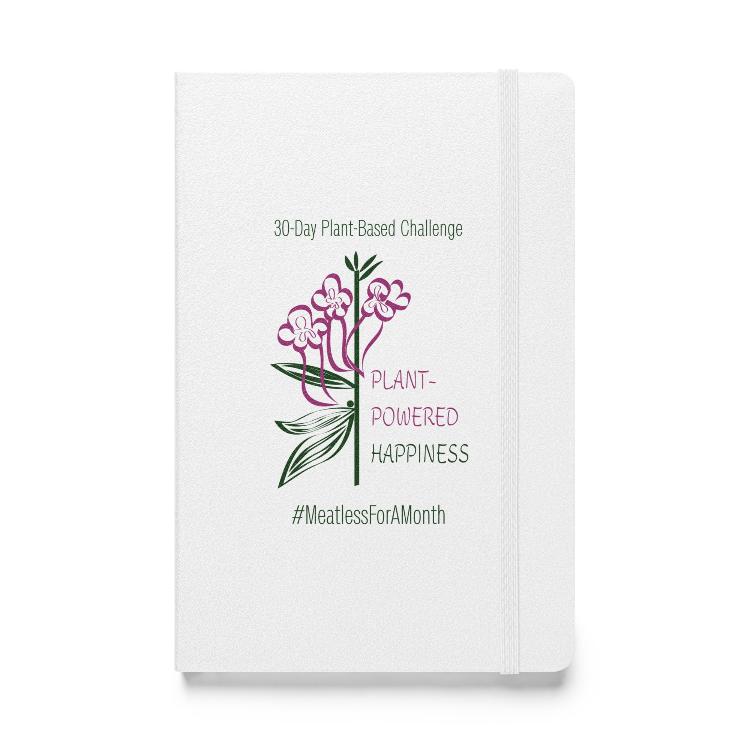 Vegetizer Hardcover Notebook with 'Plant-Powered Happiness' message, 80 lined cream-colored pages, elastic closure, ribbon marker, expandable inner pocket, eco-friendly design, promoting plant-based lifestyle