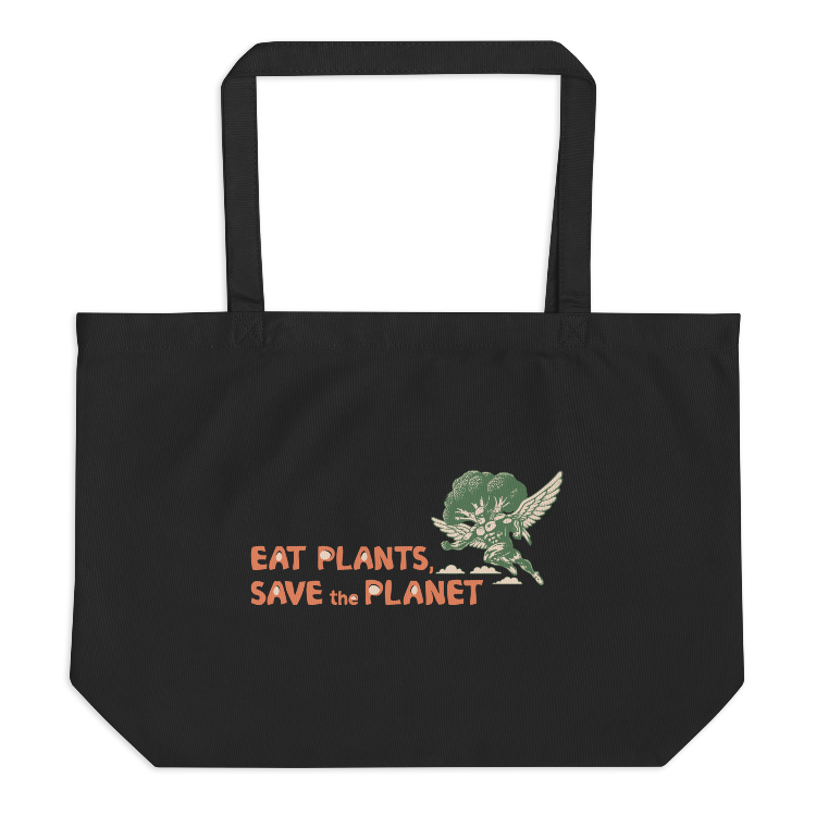 Large Organic Tote Bag - 30-Day Plant-Based Challenge - Eat Plants, Save the Planet - Print