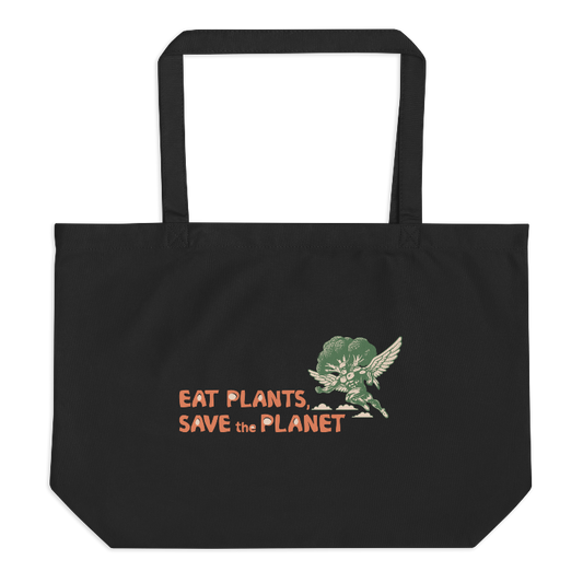 Large Organic Tote Bag - 30-Day Plant-Based Challenge - Eat Plants, Save the Planet - Print