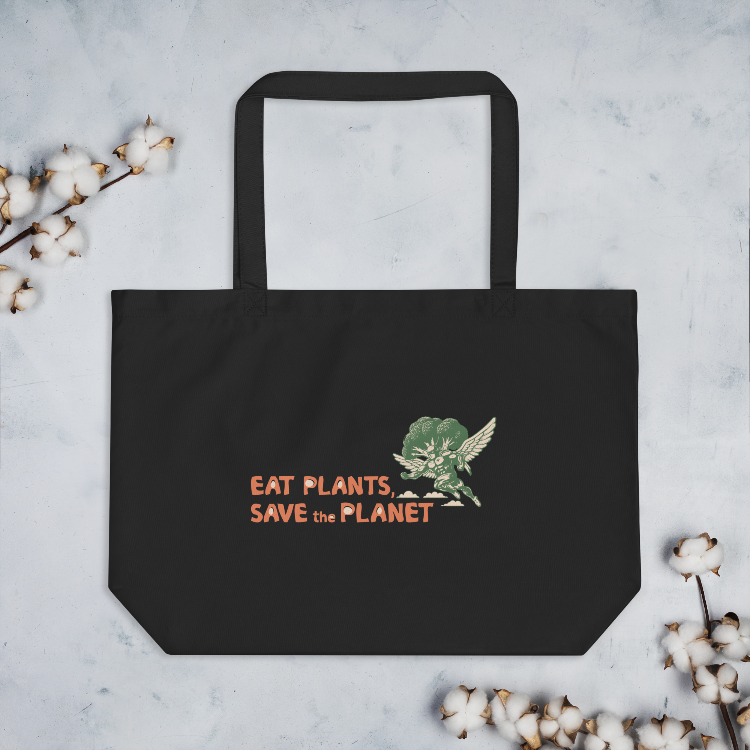 Large Organic Tote Bag - 30-Day Plant-Based Challenge - Eat Plants, Save the Planet - Print