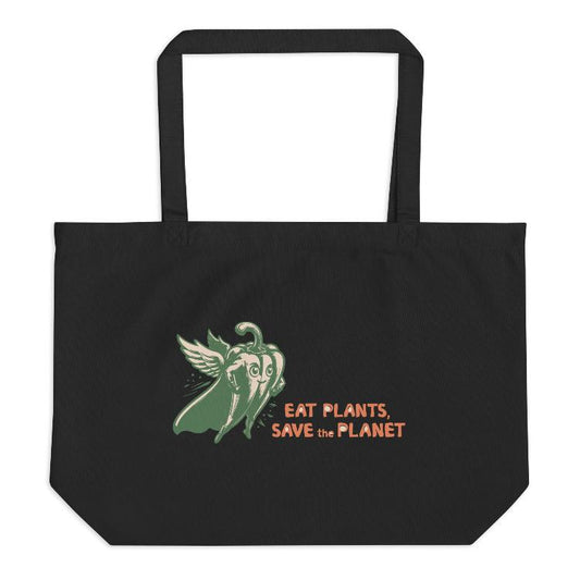 Large Organic Tote Bag - 30-Day Plant-Based Challenge - Eat Plants, Save the Planet - Print