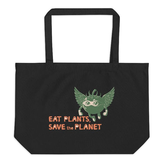 Large Organic Tote Bag - 30-Day Plant-Based Challenge - Eat Plants, Save the Planet - Print