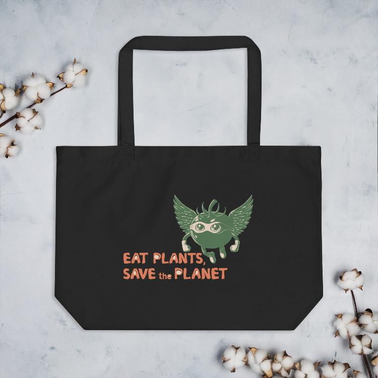 Large Organic Tote Bag - 30-Day Plant-Based Challenge - Eat Plants, Save the Planet - Print