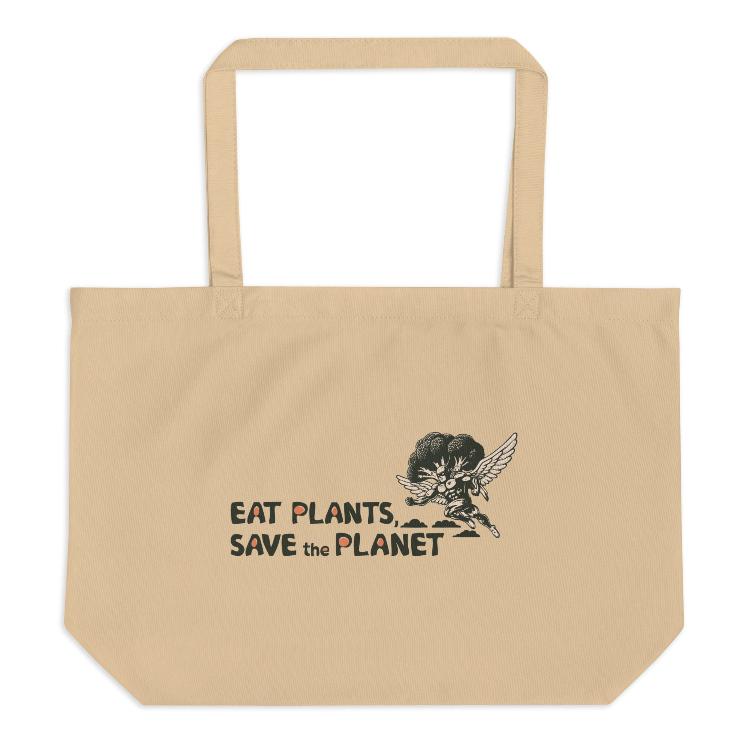 Large Organic Tote Bag - 30-Day Plant-Based Challenge - Eat Plants, Save the Planet - Print