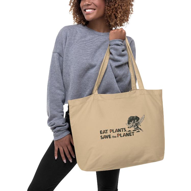 Large Organic Tote Bag - 30-Day Plant-Based Challenge - Eat Plants, Save the Planet - Print