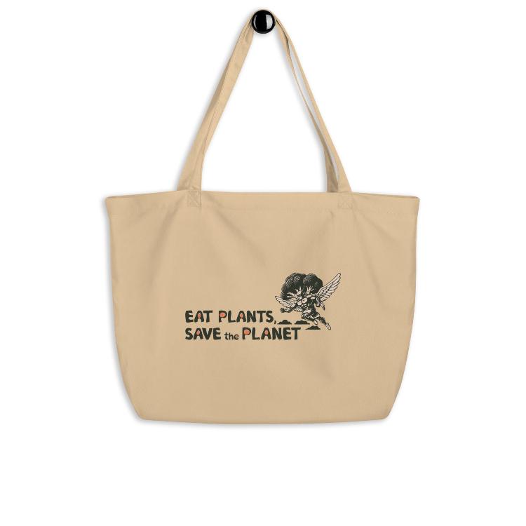 Large Organic Tote Bag - 30-Day Plant-Based Challenge - Eat Plants, Save the Planet - Print