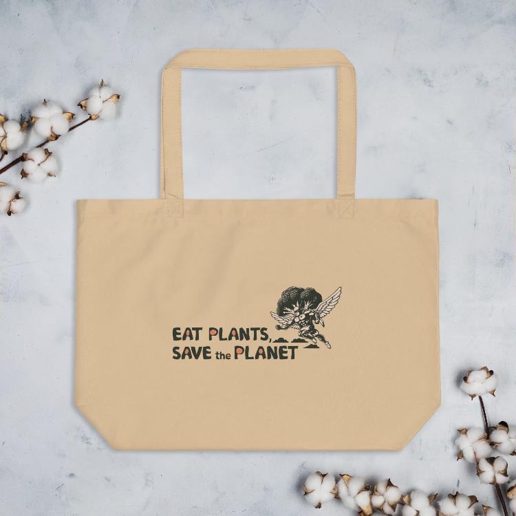 Large Organic Tote Bag - 30-Day Plant-Based Challenge - Eat Plants, Save the Planet - Print